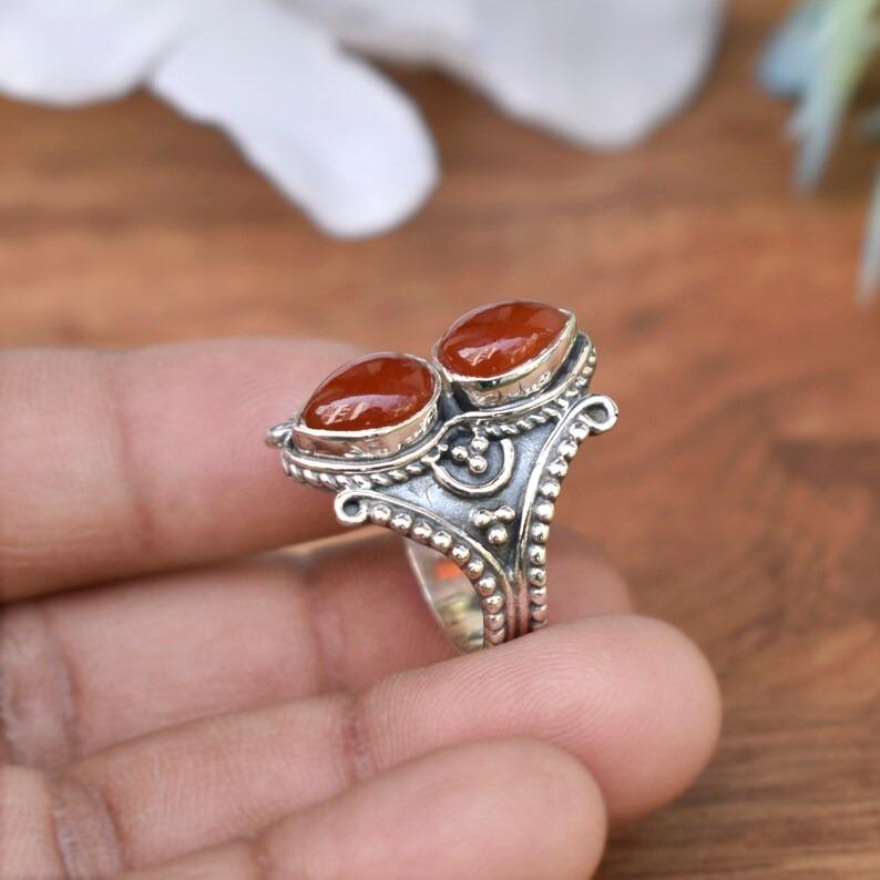 Solid 925 Sterling Silver Carnelian Gemstone Boho Designer Birthstone Gift Handmade Ring Jewelry Statement Ring