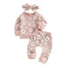Infant Baby Girl 2Pcs Fall Clothes Set Flower Print Long Sleeve Crewneck Tops Pants Bow Headband Outfit