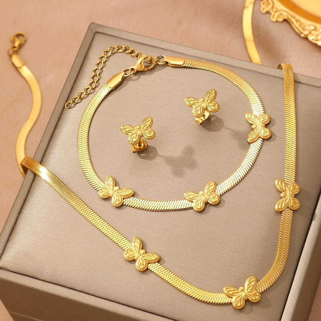 French Retro Bow Butterfly Earrings 18k Gold Stainless Steel Snake Bone Chain Bracelet Necklaces Jewelry Set SS-123