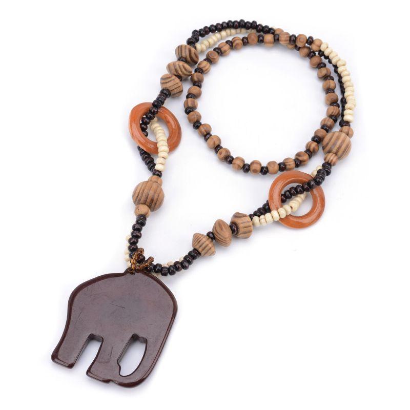Wholesale Price Hot Sale for Women Necklace Long Hand Made Bead Wood Elephant Pendant Ethnic Style