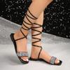 Обувь для женщин 2024 НОВЫЕ летние модные сандалии на плоской подошве с открытым носком Сексуальные однотонные пляжные сандалии на шнуровке для женщин Босоножки со стразами