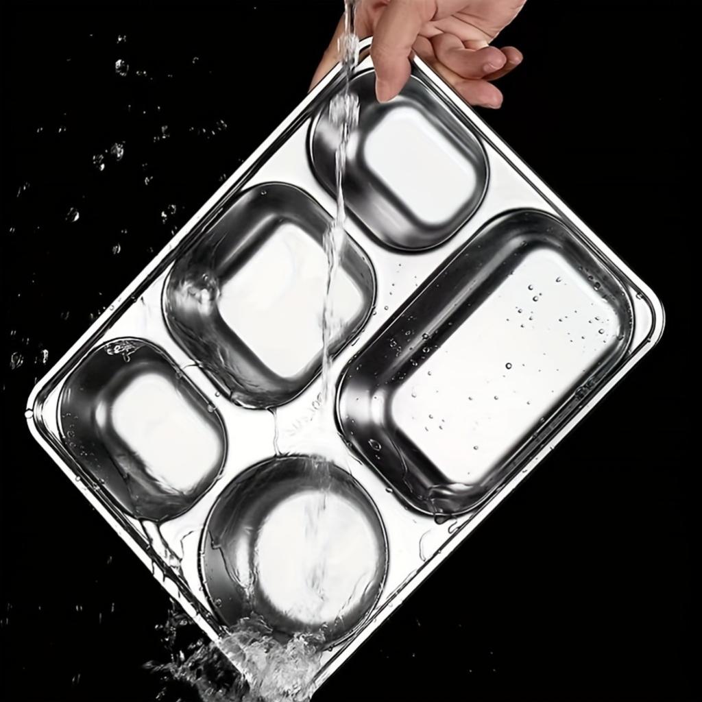 Разделенная тарелка из нержавеющей стали - поднос для школьных обедов с 5 отделениями, глубокая квадратная сервировка для блюд, можно мыть в посудомоечной машине