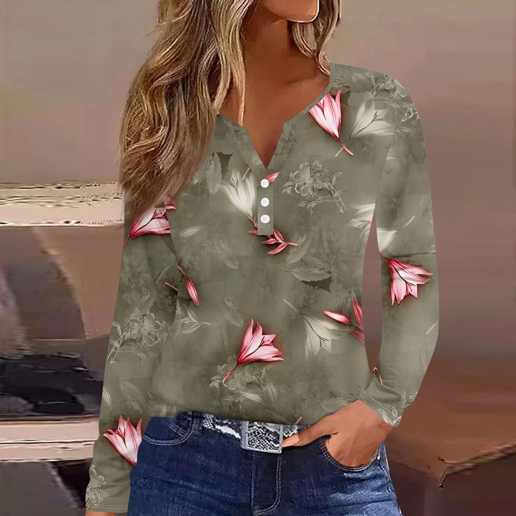 Женская модная повседневная футболка с V-образным вырезом и принтом листьев, с длинными рукавами и декоративными пуговицами