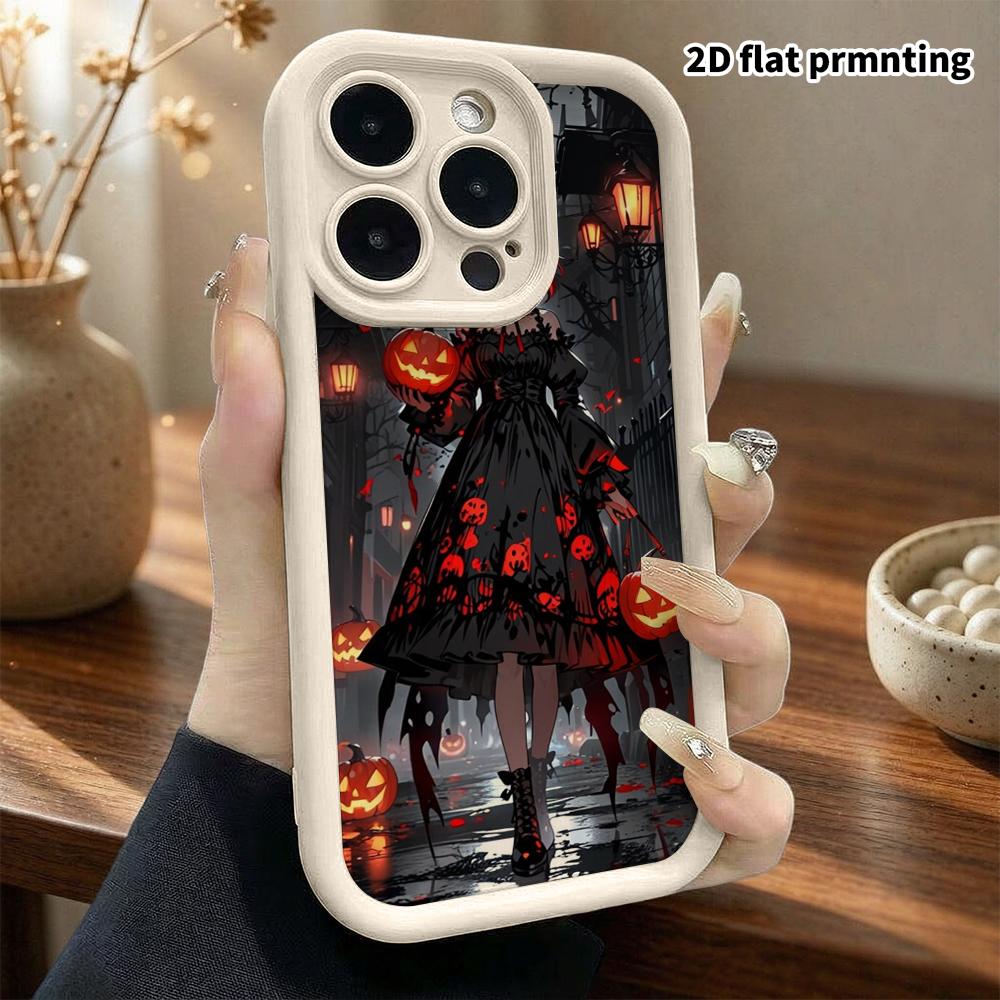 Phone case: 2D flat design suitable for iPhone 18 17 16 15 14 13 Pro tiered protective case, red haired girl, Christmas and Halloween gift