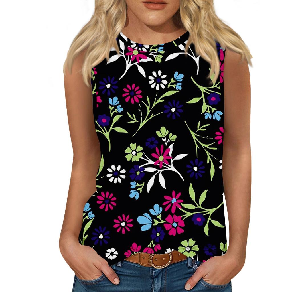 Women's Casual Round Neck Printed Sleeveless Vest Tops Vest