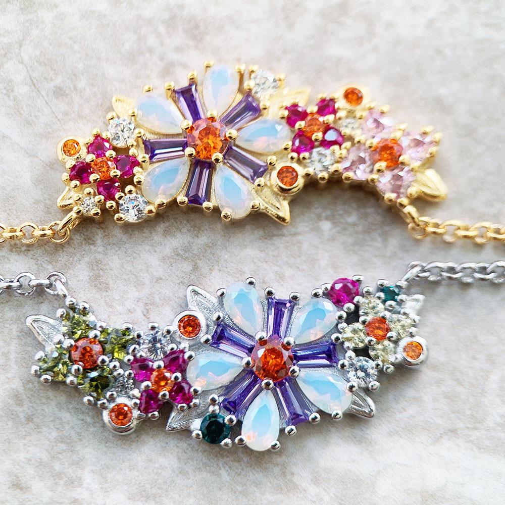 Necklace Flowers Colourful Stones New Link Chain Fine Jewelry Europe 925 Stering Silver Romantic Gift For Women
