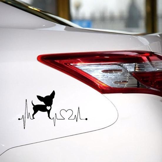 Симпатичная собака чихуахуа, автомобиль, кузов, окно, светоотражающие наклейки, украшение