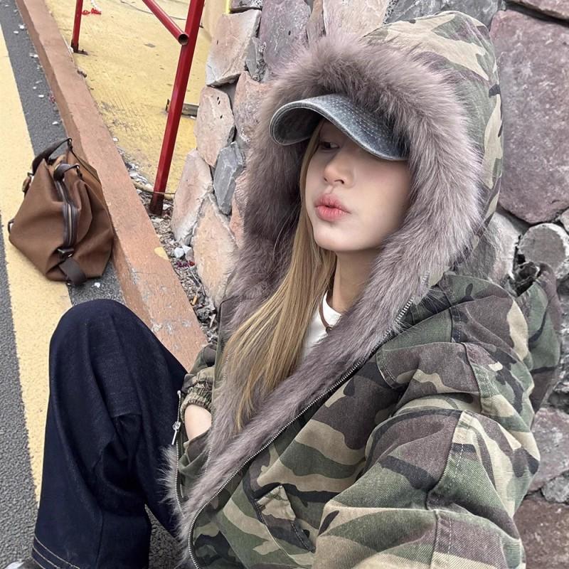 Winter Vintage Camo Puffer Jacket Men Women Hooded Parka Coat Fleece Lined Thick Warm Streetwear