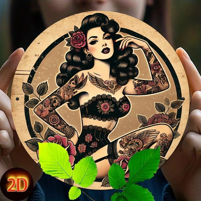 D FlatVintage Rose Tattoo Women Metal Sign xinch Iron Art Wall Art Suitable Home Bar Cafe Garage Decoration Tin Sign V