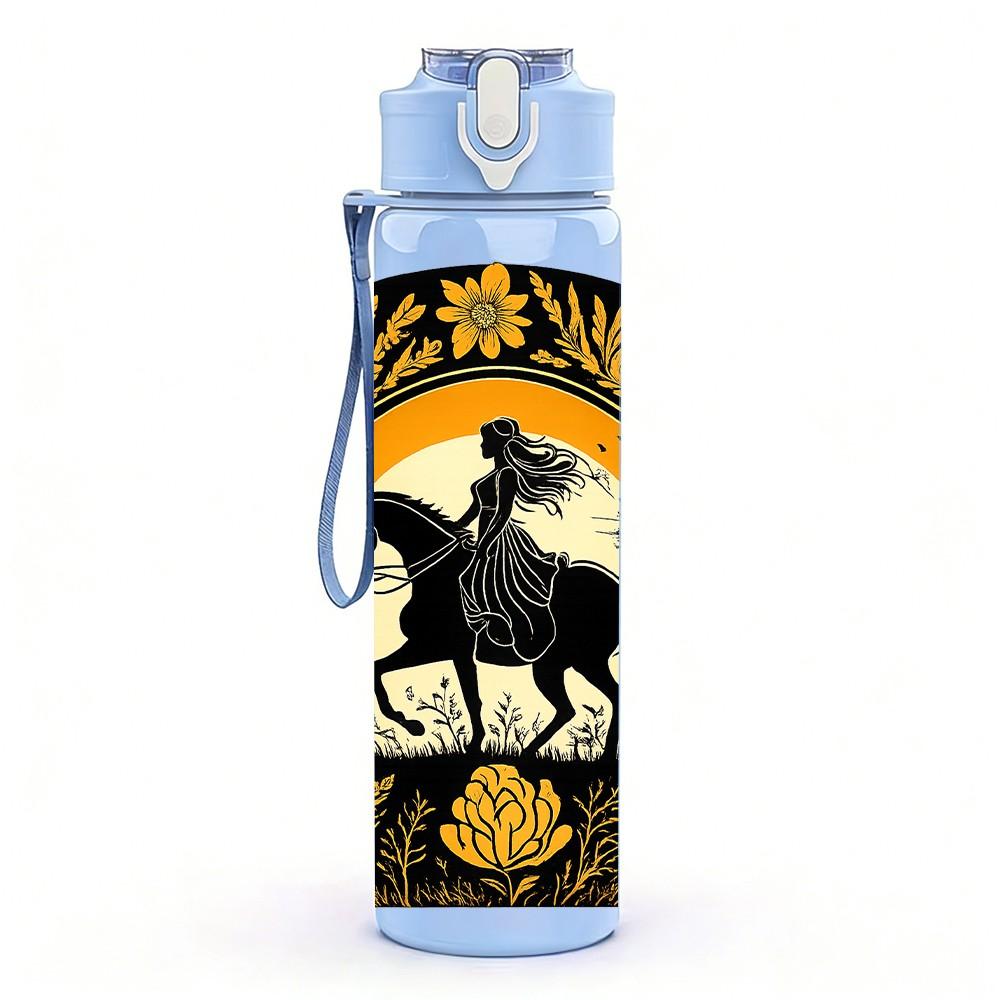 1PC Cowboy Horse Badge Print 750ml Color Plastic Sports Water Bottle Leakproof Flip Straw Lid Suitable for Sports Office Home Use
