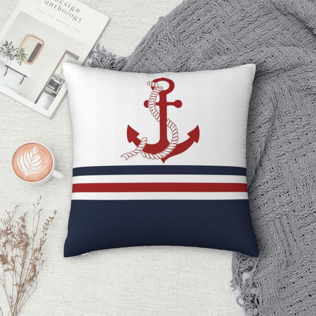 Navy Blue And White Stripes With A Red Anchor Pillow Cases Blue Nautical Anchor Cushion Covers Decor Pillowcase For Home 18"X18"