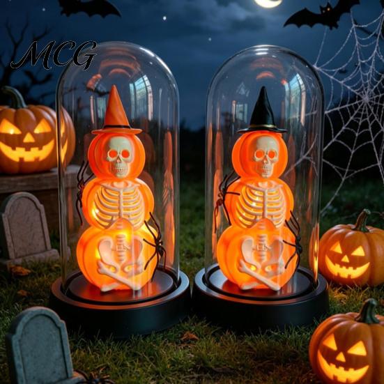 Unique Halloween Gift Decoration, Lighted Skeleton in Clear Dome Cloche with Warm Glow, Battery Year-round Decor Operated Skull Lamp Witch Hat