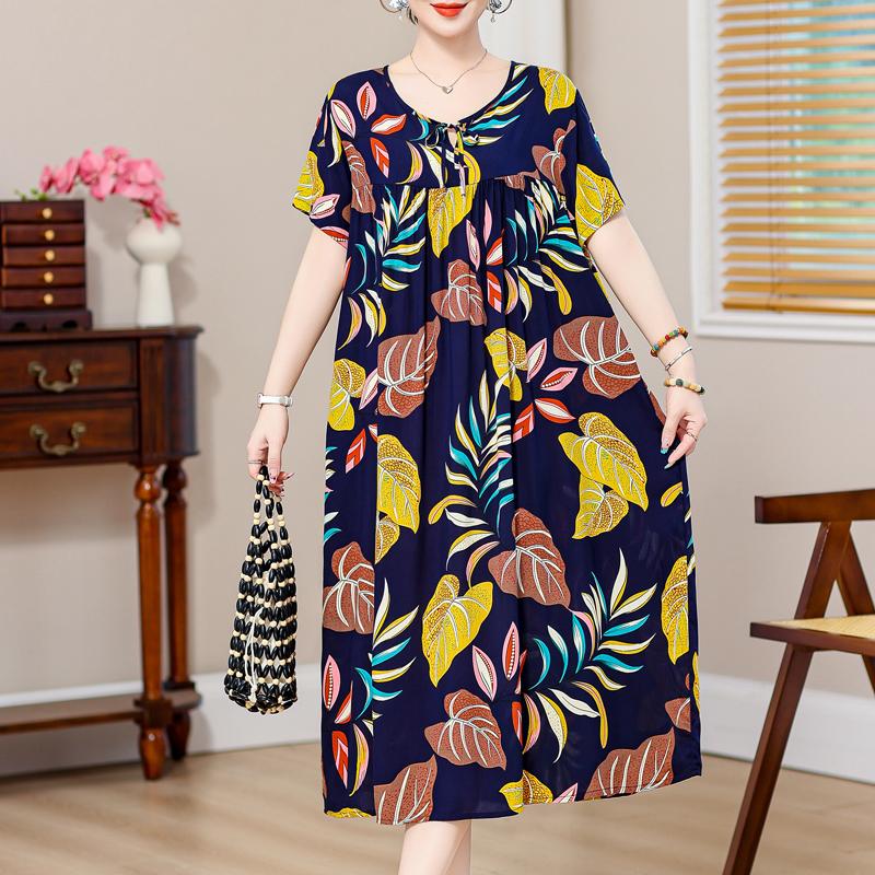 Plus Size Elegant Loose Dresses for Women Oversize Short Sleeve Vintage Print Long Dress Casual Middle-aged Women's Clothing