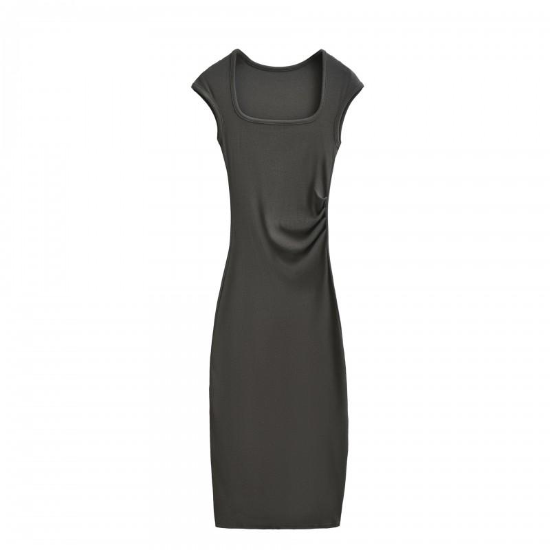 Womens Split Bodycon Maxi Dress Pleated Waist Slim Fit Square Neck