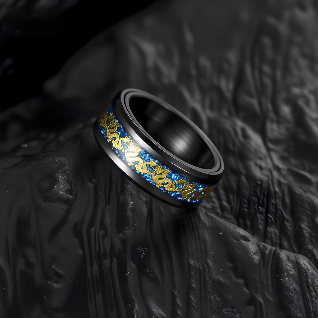 New Style Rotatable Chinese Dragon Ring Decompression Ring Titanium Steel Rotating Jewelry 8mm Wide Electric Black