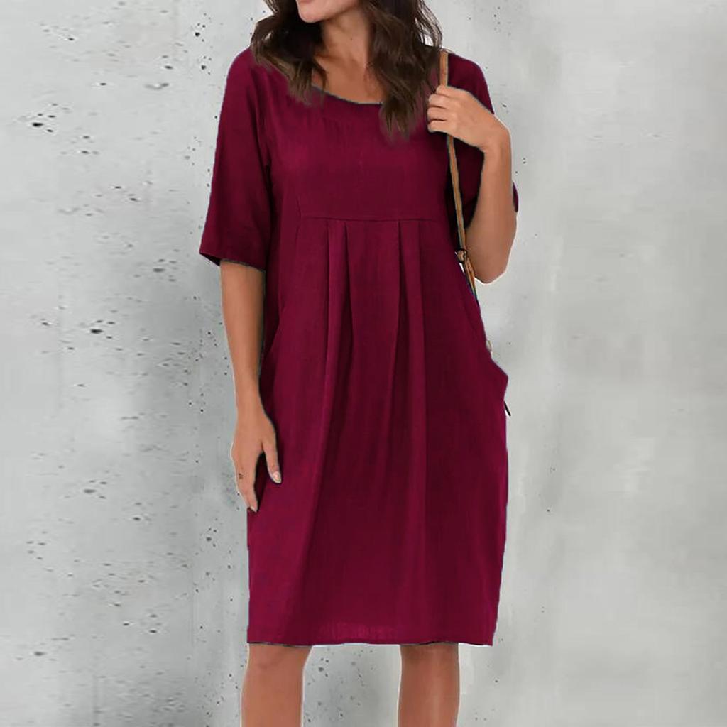 Women's Casual Loose O Neck Short Sleeve With Pockets Elegant Linen  Swing Dresses