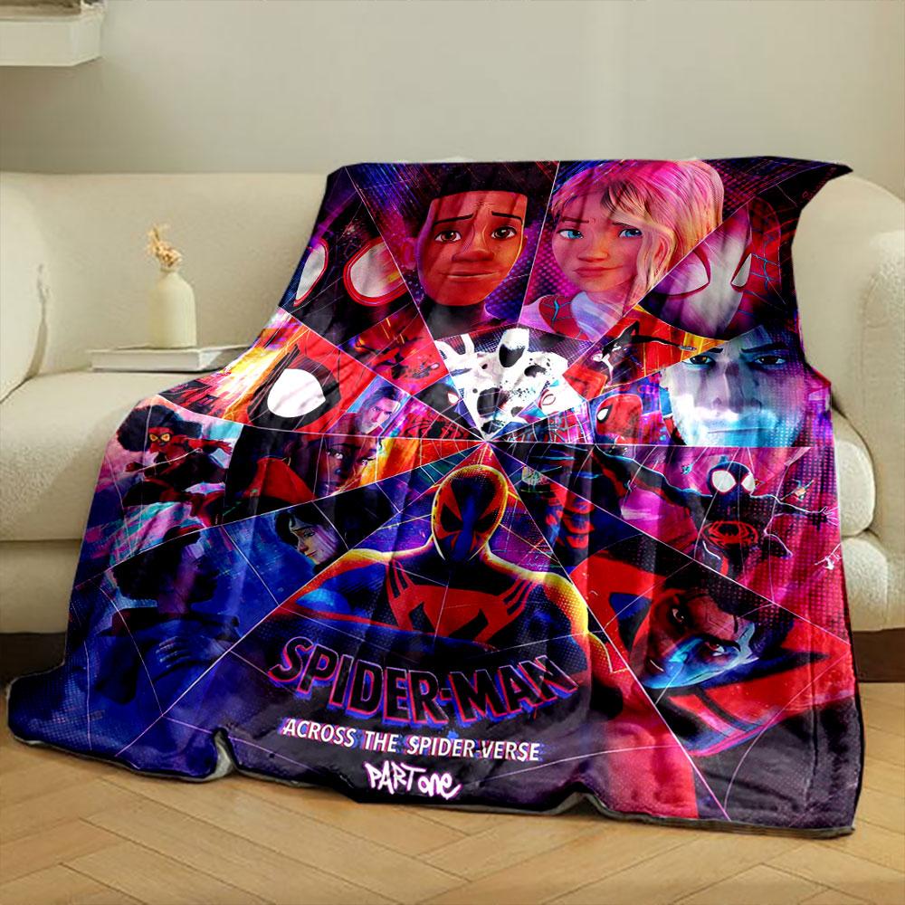 A vibrant collage of Spider-Man variations with web-like geometric design. for all seasons blanket lunch break throw gift