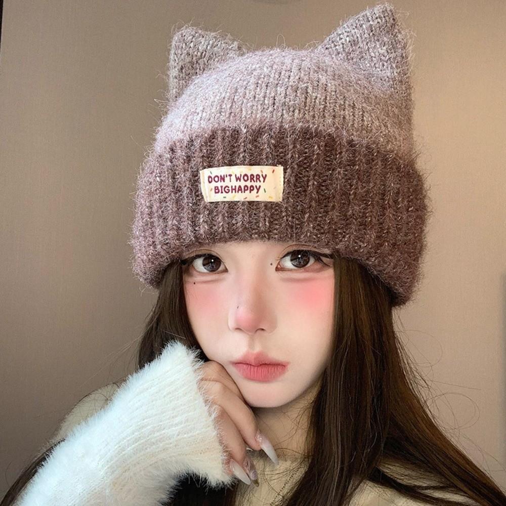 56-58cm Cat Ear Beanie Warm Lining Fall Winter Knit Hat Fleece Lined Knitted Hat Cold Weather