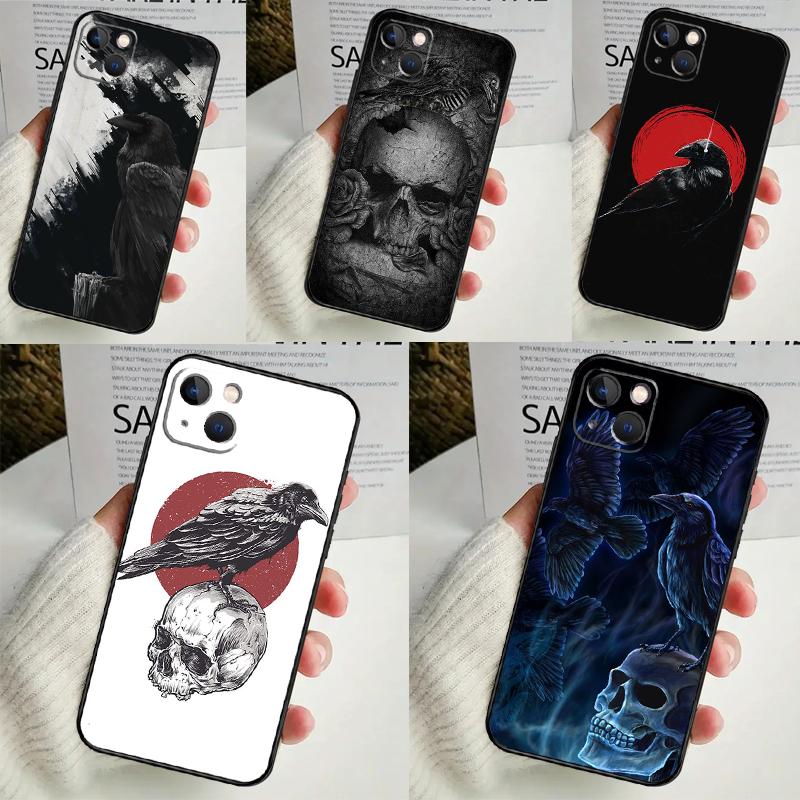 Crow Raven Dark Skull Case For iPhone 14 16 15 Pro Max 11 12 13 Mini 7 8 Plus X XR XS MAX Soft Shockproof Cover