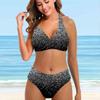 Женские купальники, бикини, комплект из 2 предметов, купальник с открытой спиной и лямкой на шее, пляжная одежда, купальные костюмы с серебряными пайетками и принтом
