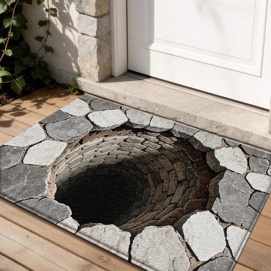 3D Stone Well Illusion Doormat Non-Slip Washable Floor Mat for Entrance Porch Indoor Outdoor Home Decor