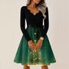 Women's Casual Fashion V-neck Long Sleeved Retro Christmas Print Retro Dress