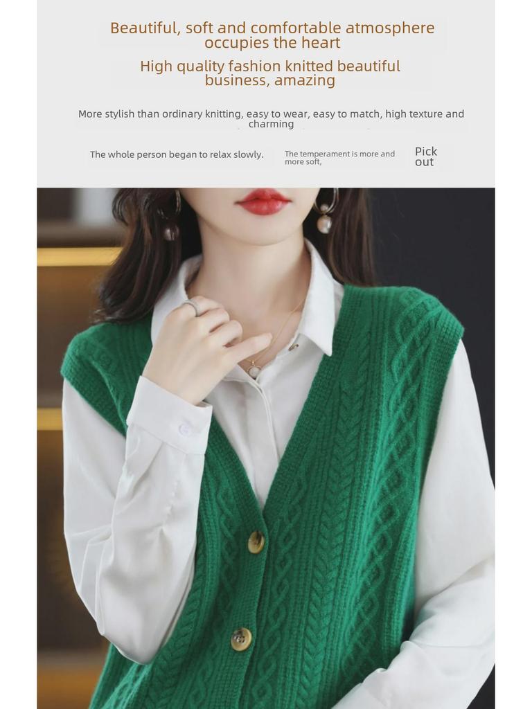 Весна/Осень 2024 Женский кардиган с V-образным вырезом, перекрученный трикотажный жилет, свитер, жилет
