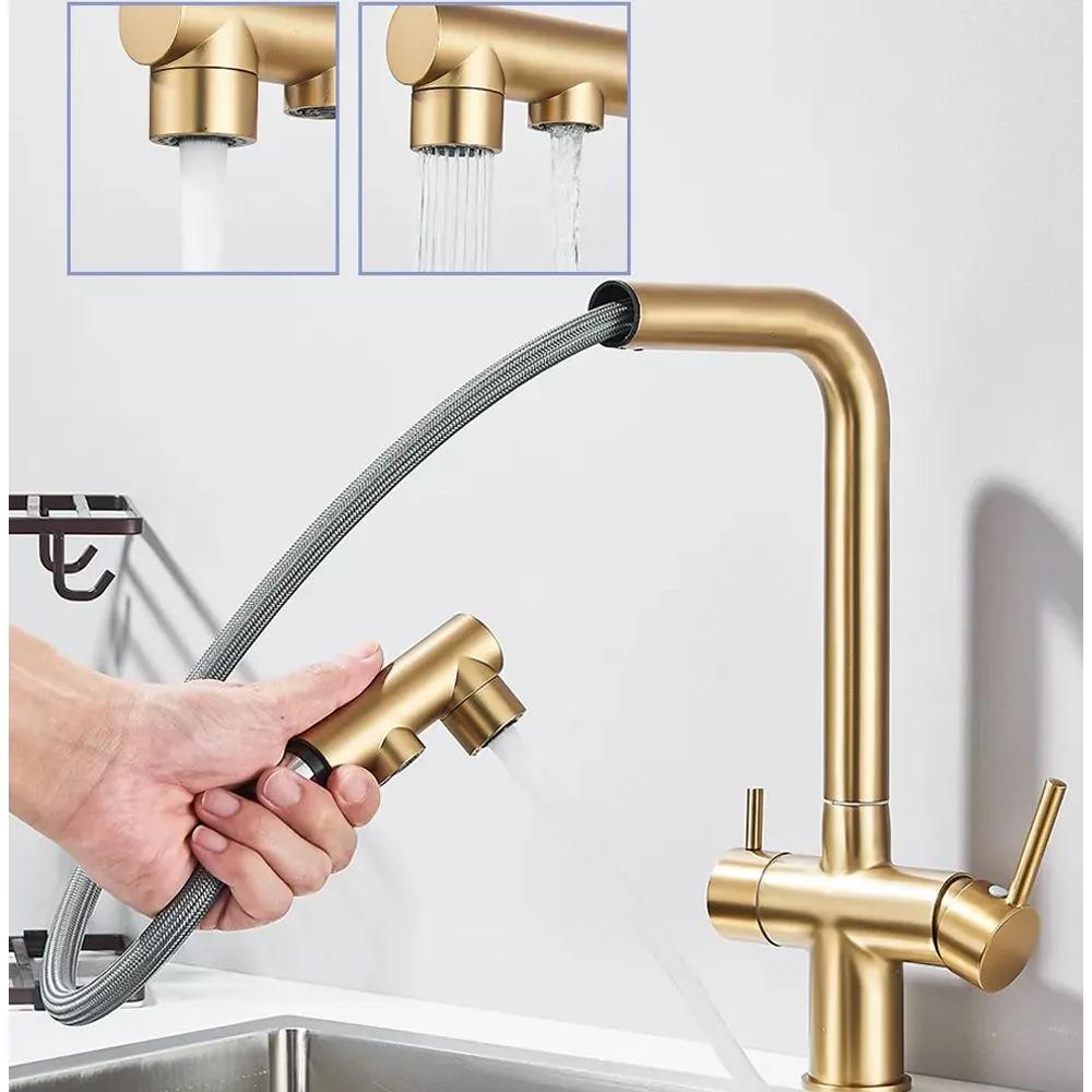 Kitchen Pull-out Filtered Faucet Black Brass Purifier Faucet 360 Rotation Dual Sprayer Drinking Water Tap Vessel Sink Mixer Tap
