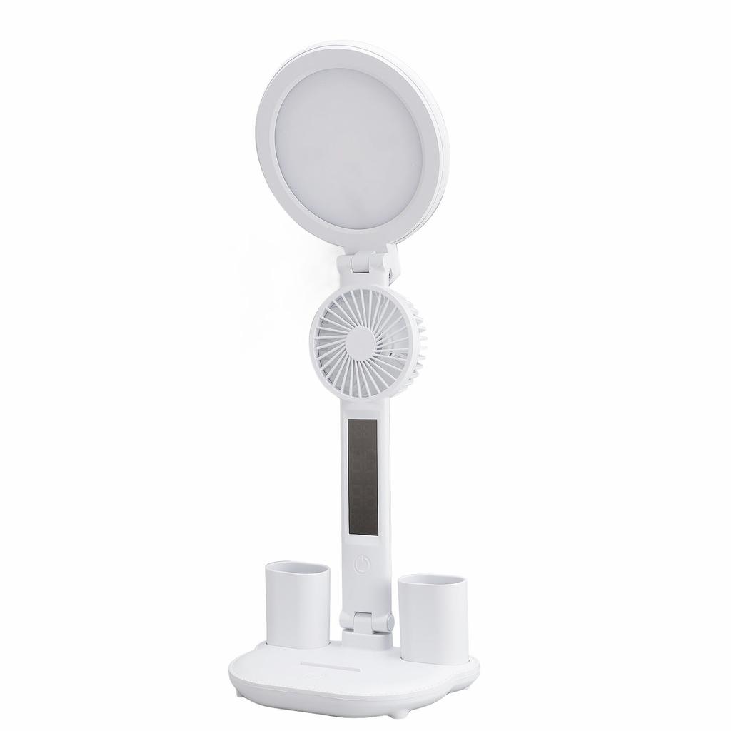 Светодиодная настольная лампа с вентилятором, держателями для ручек, складная, плавная регулировка яркости, USB-порт, часы, дата, температура, светодиодный дисплей