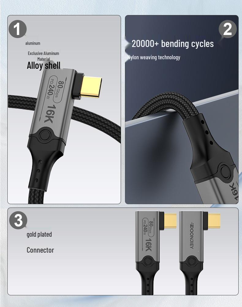 Кабель Thunderbolt 5 Type-C - Быстрая зарядка 240 Вт, Зеркалирование экрана 16K, 80 Гбит/с, Обратная совместимость, Плетеный.
