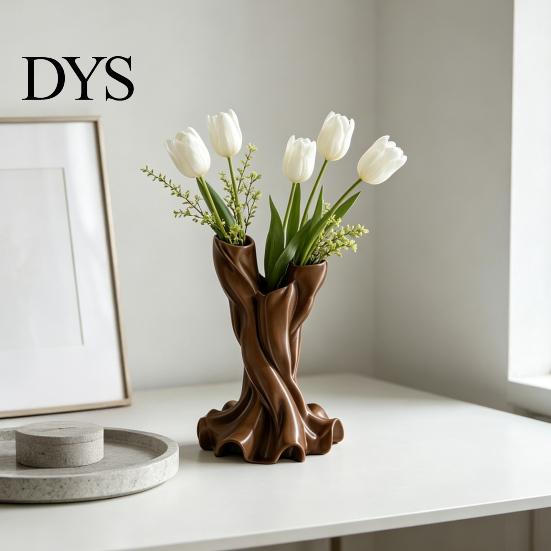 3D Printed Flower Vase Vase, Matte Wood Grain Double Tube Ornament, Mid Unique Resin Holder Century Style Floral Arrangement, for Dried Flowers