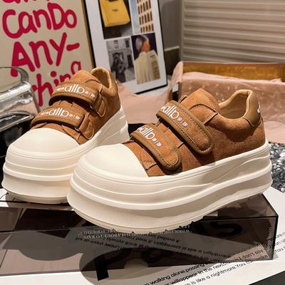 Версия из коровьей кожи~ Кукольная голова из натуральной кожи, надпись, спортивная обувь на платформе-маффин на липучке, повседневные туфли-хлебцы, увеличивающие рост, женские