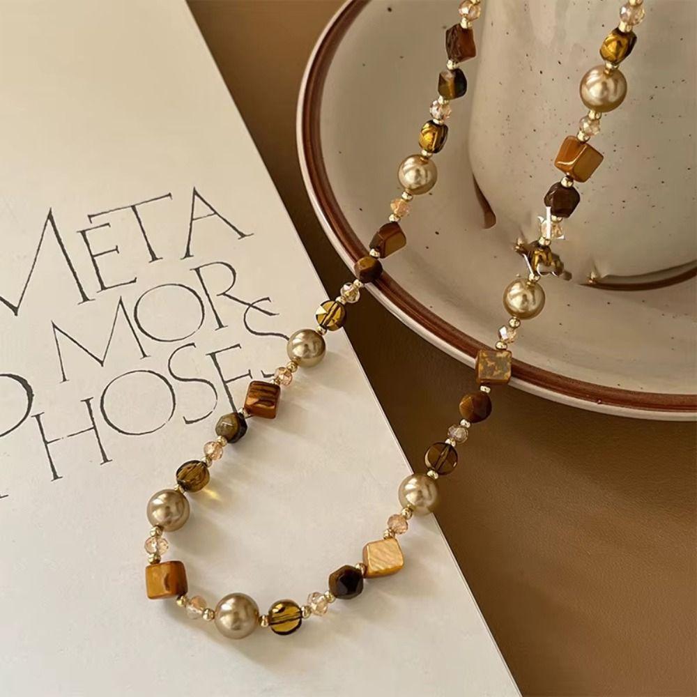 Винтажное колье-чокер из натурального камня Тигровый глаз ручной работы, Новое модное колье-цепочка с бусинами, Подарок