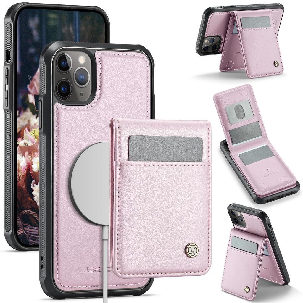 For iPhone 11 Pro Leather Back Cover Compatible with MagSafe JEEHOOD J06 Phone Case with Card Bag RFID Blocking