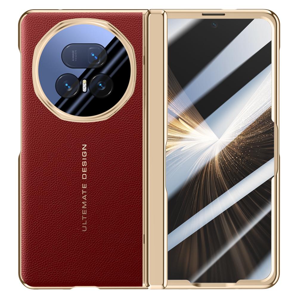 Чехол для Honor Magic V5 5G Кожа+ПК Чехол для телефона с HD Закаленной стеклянной пленкой, Объектив Подставка