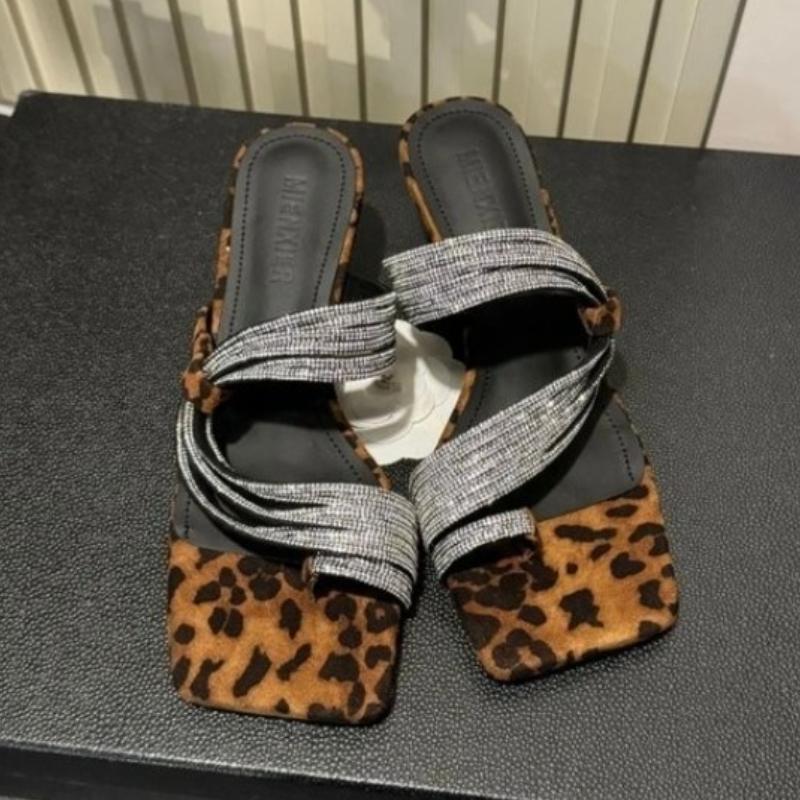 2025 Лето Леопард Узкий Ремешок Женские Шлепанцы Обувь Открытый Носок Женские Элегантные Платье Клинья Каблук Слайды