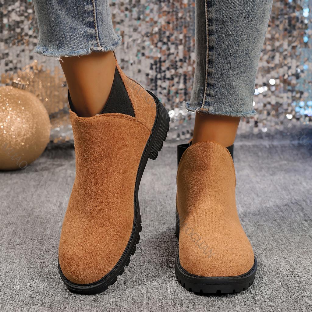 Fashion Women's Ankle Boots Suede Leather Women Round Head Thick Low Heeled Woman Shoes Casual Autumn Slip On Gladiator Bottes Femmes