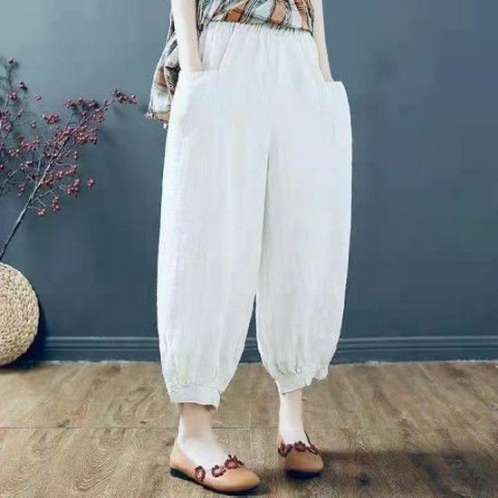 Women's Summer 100% Cotton Linen Lantern Pants - Casual, Loose, Nine-Point, Tie-Cuff Harem Style