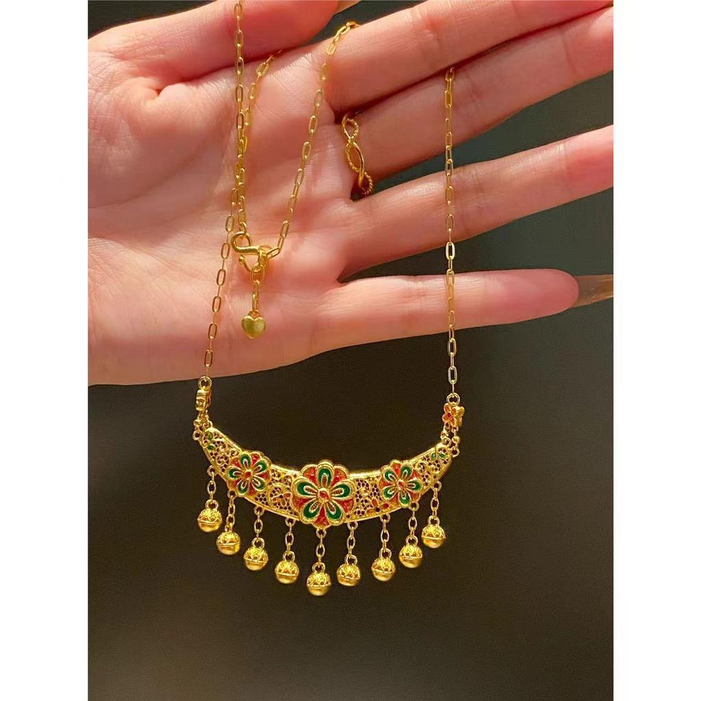 Gold necklace with non-fading enamel, women's lock bag chain, new Chinese style peach blossom bell tassel pendant, light luxury and exquisite