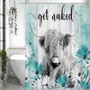 Blue Floral Highland Cow Shower Curtain, Bathroom Decorative Shower Curtain, Waterproof Shower Curtain with Hooks