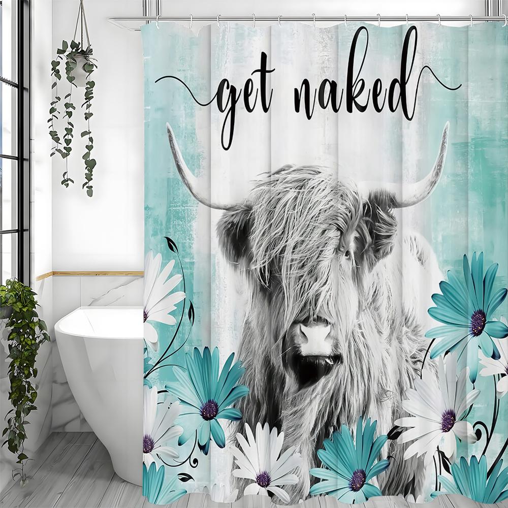 Blue Floral Highland Cow Shower Curtain, Bathroom Decorative Shower Curtain, Waterproof Shower Curtain with Hooks