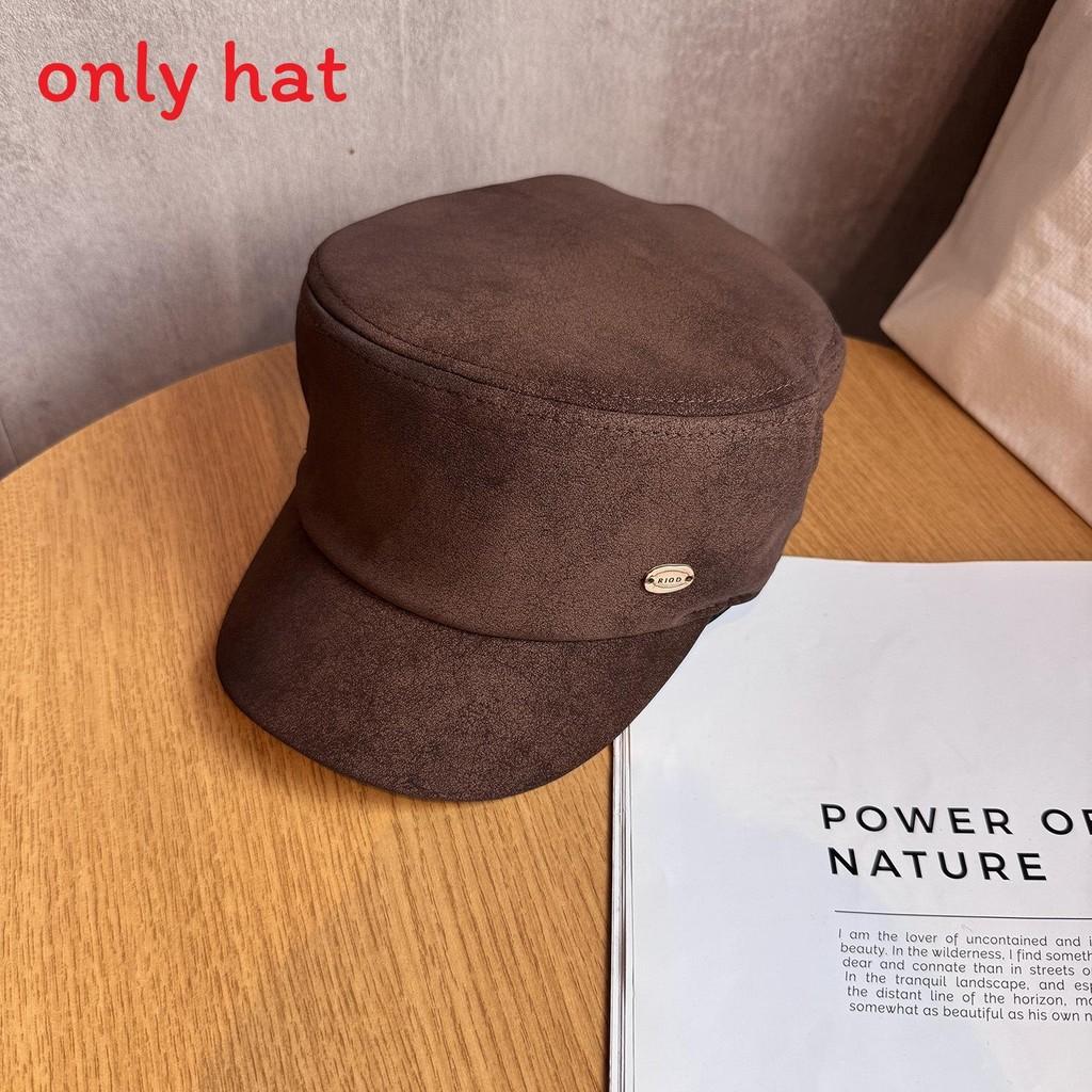 Simple Solid Color Gold Logo Decor Women Casual Suede Beret Hat Fall For