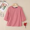 Women Vintage Round Neck 3/4 Sleeves Loose Plaid Blouses