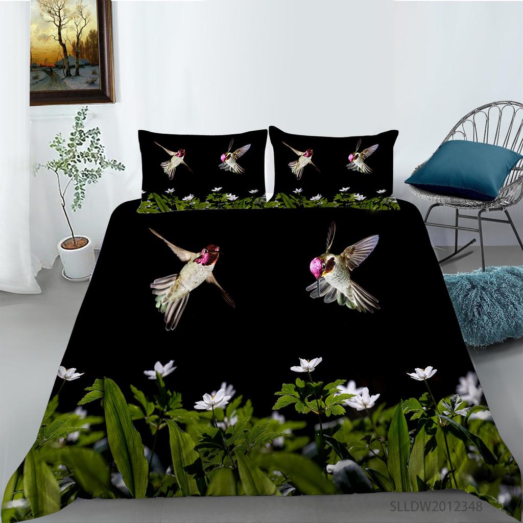 Hummingbird Duvet Cover Set King/Queen Size Small And Cute Tropical Bird Yellow Flower Green Leaves Bedding Set Women