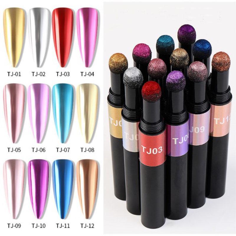 12 Color Nail Pen Tailor Oil Pen Chrome Nail Powder Holographic Powder Mirror Effect Air Cushion Magic Nail Art Decorative Nail Suite XYZ