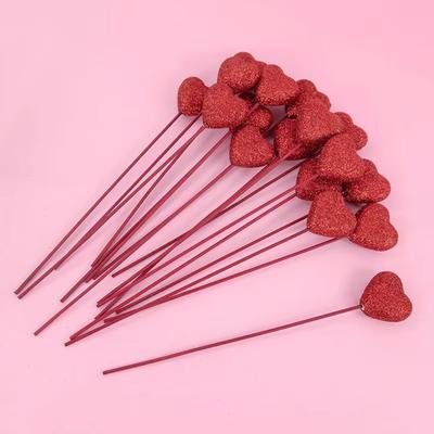 10 шт. Изысканные блестящие сердца на палочке, пенопласт, DIY, красное сердце, ветка, букет, цветок, пик-палочка, свадебный аксессуар
