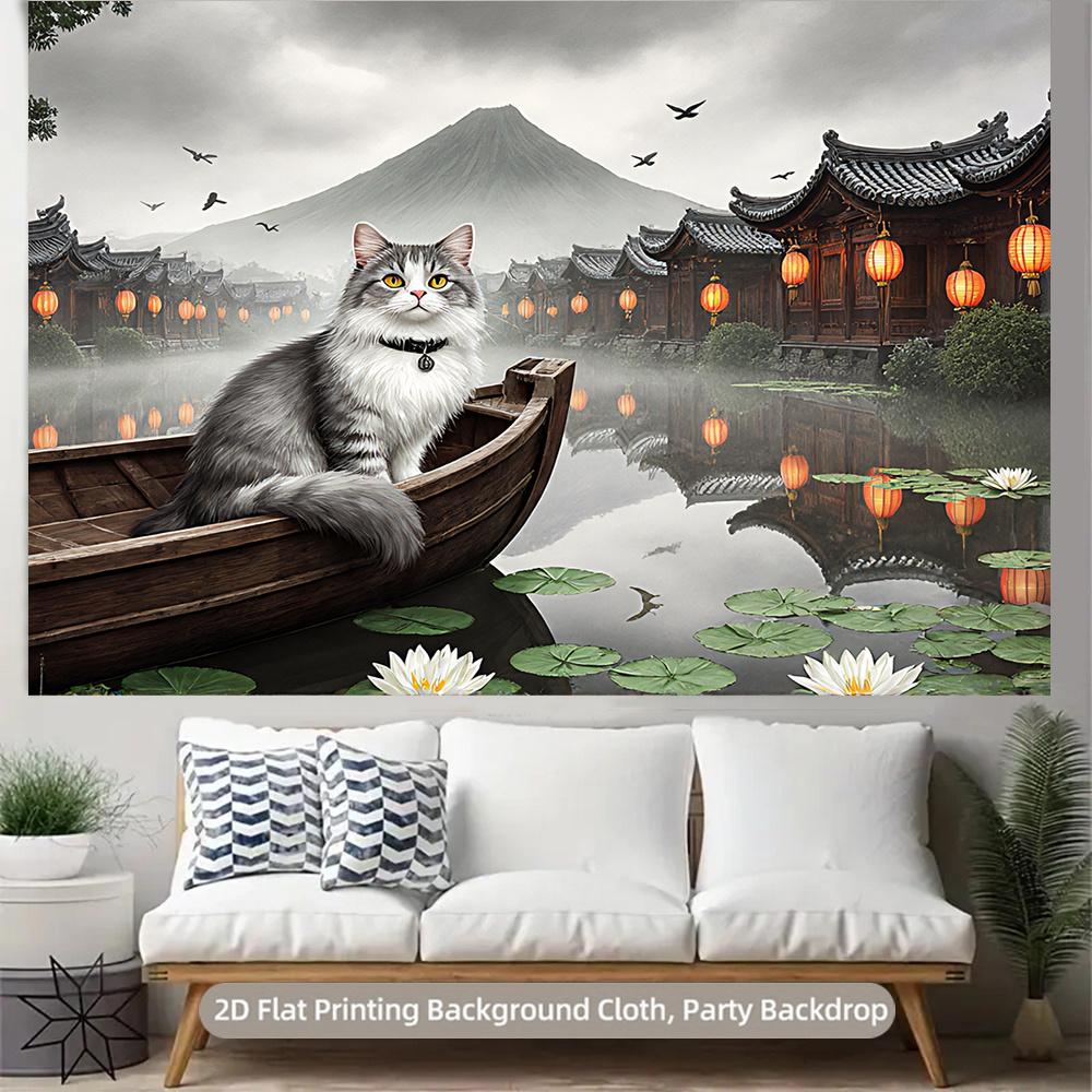 2D plane a cat rowing a boat in the rain suitable for outdoor activities and other occasions polyester fiber