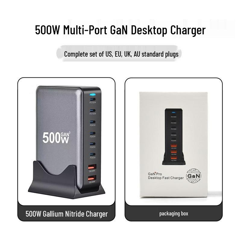 Настольное зарядное устройство 500 Вт на нитриде галлия с 8 портами: 6 USB-C и 2 USB-A