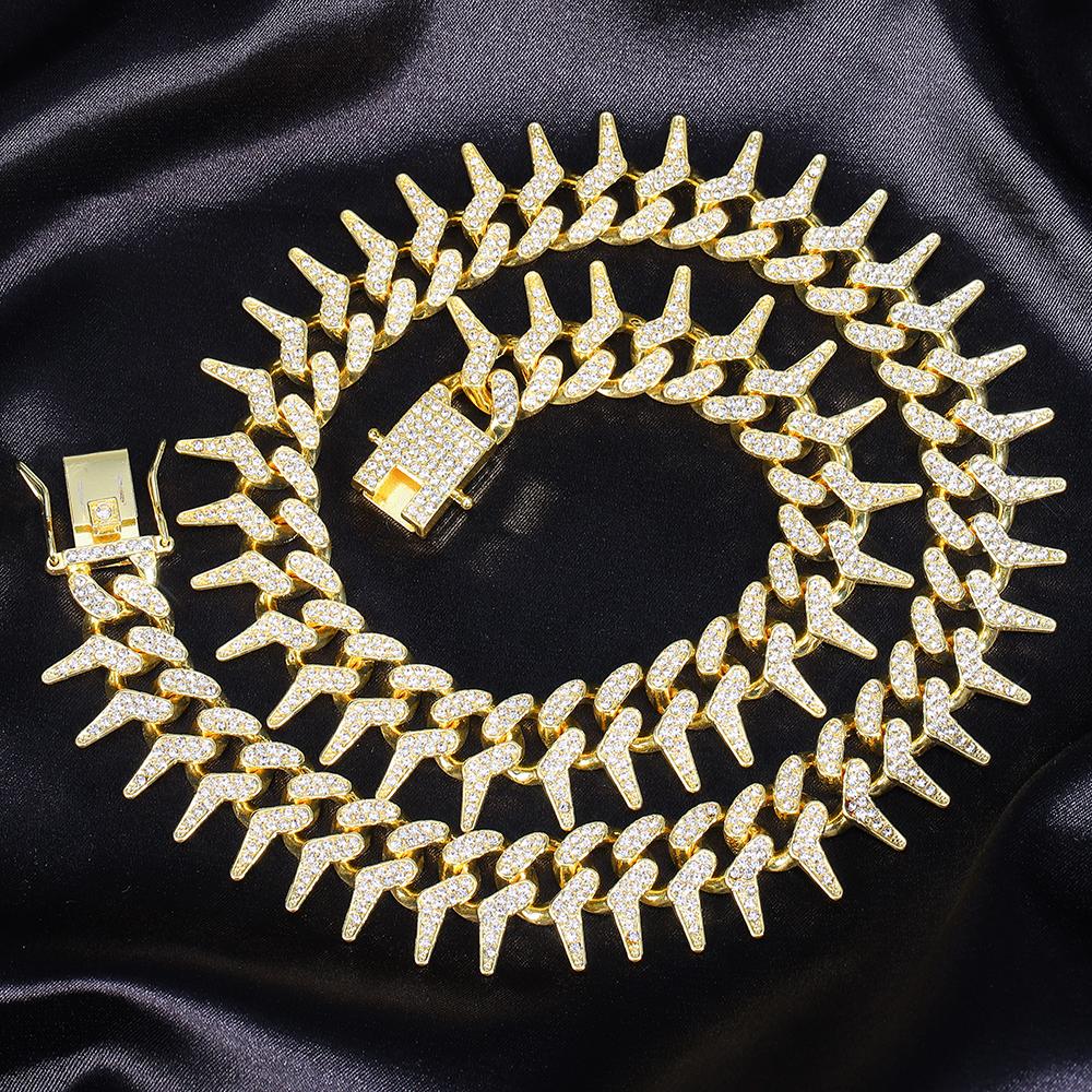 Hip Hop 21MM Iced Out Cuban Rivet Spike Thorns Link Chain Full Crystal Men's Miami Cuban Chain Luxury Fashion Necklace Jewelry