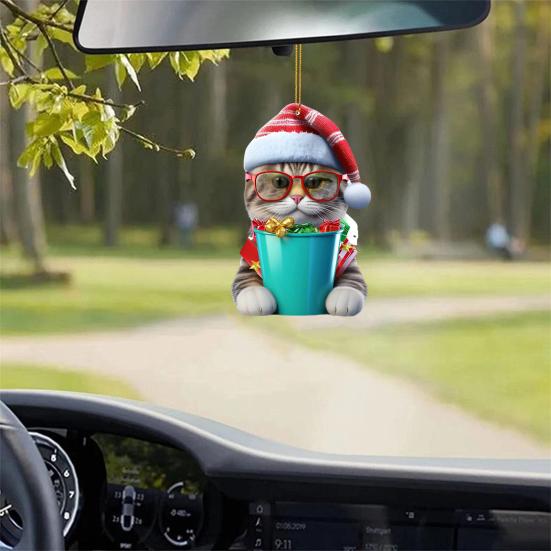 Украшение на рождественскую елку Рождественская фигурка кота с подвеской в шапке Санты 2D Плоское акриловое подвесное украшение для зеркала заднего вида автомобиля Дерево
